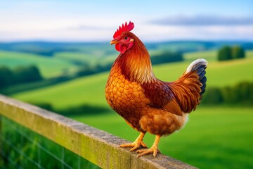 Colorful rooster perching confidently on rustic wooden fence, overlooking verdant farmland with sunlit rolling hills in background