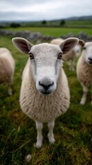 Obraz premium Inquisitive sheep standing amid verdant pasture, looking directly at viewer while flock grazes softly behind, depicting serene rural landscape