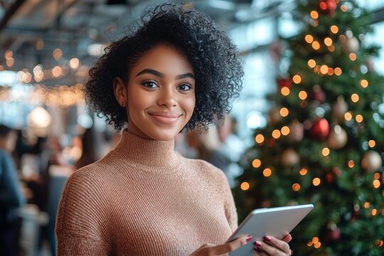 Smiling Woman With Tablet in Cozy Cafe During Festive Season