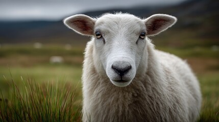 Fototapeta premium Woolly sheep standing amid verdant pasture, staring intently, with flock grazing softly beneath overcast sky