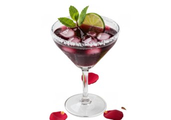 Purple beverage in a martini glass with lime and mint leaves and rose petals around the base on transparent background