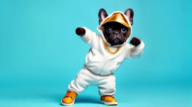 Playful black French bulldog wearing stylish white tracksuit and gold chain, dancing against a vibrant blue background, showcasing a fun and energetic atmosphere