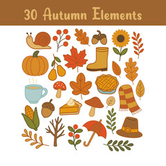 A collection of 30 hand-drawn autumn elements, including pumpkins, leaves, acorns, mushrooms, a snail, berries, a cake, a scarf, and hot drinks. Ideal for autumn designs and seasonal projects.