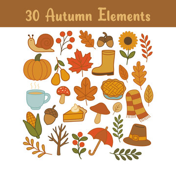 A collection of 30 hand-drawn autumn elements, including pumpkins, leaves, acorns, mushrooms, a snail, berries, a cake, a scarf, and hot drinks. Ideal for autumn designs and seasonal projects.