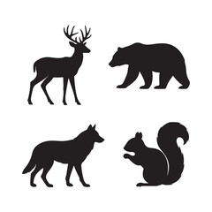 Silhouetted Wildlife Illustration Featuring a Deer Bear Wolf and Squirrel.
