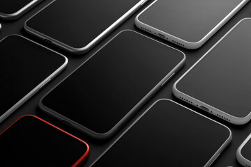 Close-up of modern black, silver, and red smartphones on dark surface. Sleek design highlights innovative tech. Ideal for digital backdrops or app promotion.