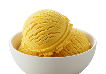 Two scoops of yellow mango flavor ice cream in a white bowl a delightful frozen dessert ready to be enjoyed on transparent background