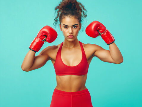 Female boxer in a striking red athletic outfit