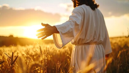Religious figure in wheat field at sunset