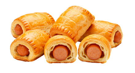 A delectable display of golden brown sausage rolls stacked on a plain black background image view