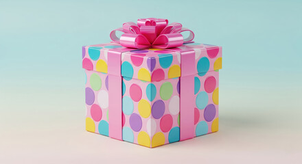 Colorful 3d render of a polka dot gift box with a pink bow on a pastel gradient background