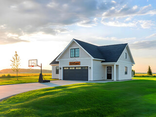 A piece of a new farmer's home with a concrete driveway in front and a garage, and a cloudy blue sky.