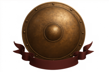 Classic round metal shield with red banner, isolated on transparent background, providing a vintage or antique aesthetic