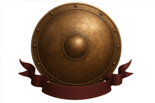 Classic round metal shield with red banner, isolated on transparent background, providing a vintage or antique aesthetic