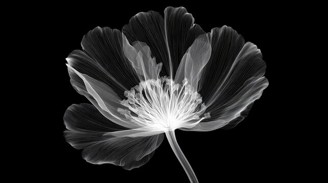 Abstract transparent black flower in x-ray style scan on white background isolated. minimalistic monochrome design, inverted black and white, transparency, generative ai. inverted scan. Illustration