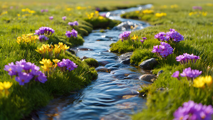 Obraz premium Serene Spring Stream: Vibrant Purple and Yellow Wildflowers, Sunny Meadow Landscape