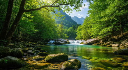 Obraz premium Lush green forest river landscape, crystal clear mountain stream with mossy rocks, serene woodland nature scene with sunlight filtering through trees