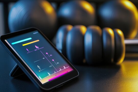Fitness tracking app displayed on a tablet next to dumbbells in a gym setting