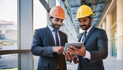 two construction industry professionals collaborating on a project using a digital tablet while wearing business attire and safety helmets