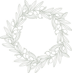 Drawing olives fruits branch wreath vector. Hand drawn floral illustration olive fruit tree branches, leaves isolated background green. Edible foliage. Drawings food. Menu, wrapping card gift decor