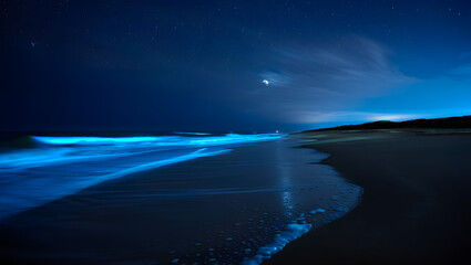 Fototapeta premium Serene Nightscape: Bio-luminescent Waves on Dark Sandy Beach Under Starlit Sky
