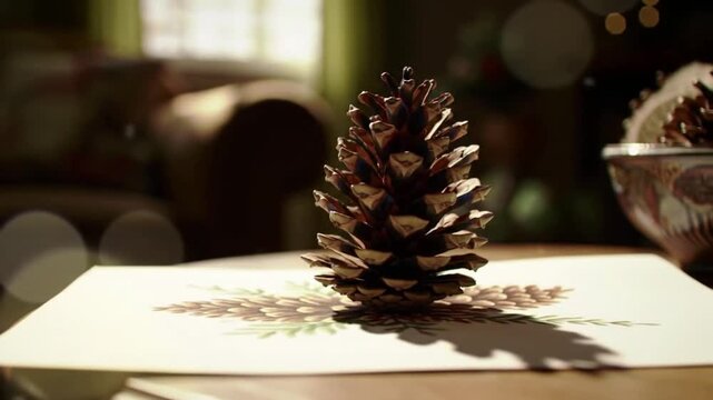 A single pine cone sits on a textured paper, casting a shadow, in a dimly lit room.