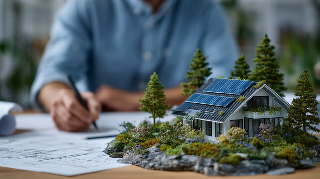 Architect reviews detailed blueprint on wooden desk, beside a miniature eco-house model with living green roof and solar panels, surrounded by model trees representing sustainable