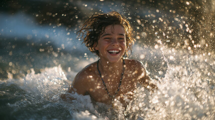 Fototapeta premium Laughing boy lifts head from sea wearing snorkel set, sun behind him bathes waves in golden tones, water sparkles with energy and freedom of summer adventure