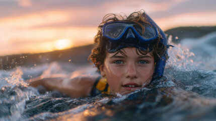 Vibrant image of child with snorkel gear peeking out of crystal sea, orange-pink sunset sky stretching behind, capturing sense of exploration and childhood play