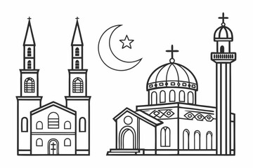Religious buildings and symbols including mosque church and crescent moon with star
