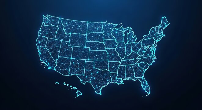 Digital network map of the united states with glowing blue connections and nodes on a dark background