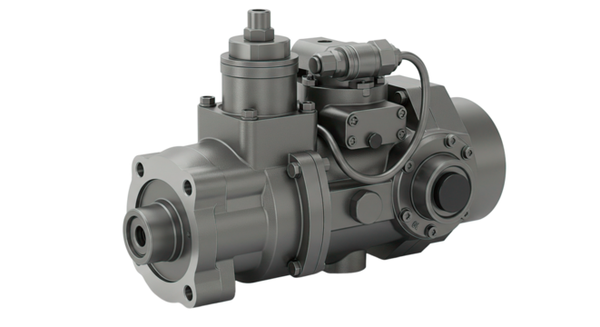 Close up of a gray industrial machine with various components against a black background in studio shot