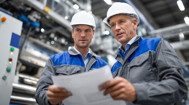 Modern manufacturing plant with polymer extruders in motion, engineers gesture toward gauges and readouts, holding annotated plans and technical drawings
