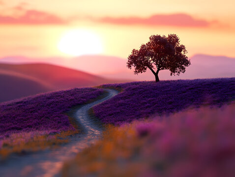 A lone tree stands on a purple field at sunset