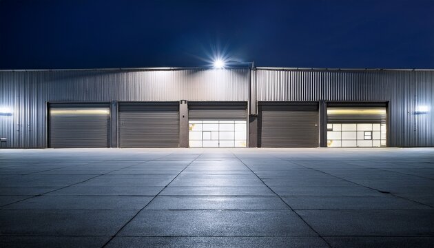 exterior of industrial building at night construction for factory or warehouse include shutter door at front nobody empty space on concrete floor suit for product display or industrial background