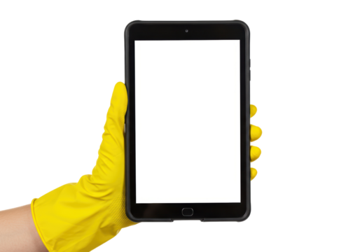 Isolated Hand in Yellow Glove Holding Blank Screen Tablet