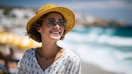 Side profile of happy woman laughing in a straw hat, her sunglasses reflecting golden sand and ocean waves, beach chairs and umbrellas dotting the sunlit shore