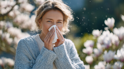 Young woman experiences spring allergy symptoms, gently blowing nose into tissue while surrounded by blooming magnolia and lilac bushes. Bright daylight illuminates pollen particle