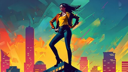 confident businesswoman standing triumphantly atop a skyscraper, vibrant city skyline in the background, dynamic pose - Powered by Adobe
