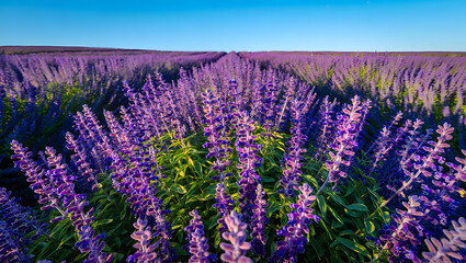 Naklejka premium Vibrant Purple Salvia Field at Sunset: Serene Landscape Photography, Tranquil Mood, Lush Foliage, Blooming Flowers, Summer Meadow.