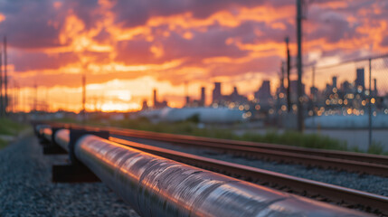 Obraz premium Heavy-duty pipeline reflects fiery sunset rays, running parallel to rail tracks near industrial district. Silhouetted skyscrapers punctuate the background, merging industrial grit