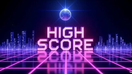 Retro futuristic arcade gaming backdrop, showcasing a high score message and a gleaming disco ball above neon cityscape. - Powered by Adobe