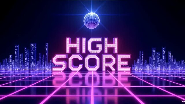 Retro futuristic arcade gaming backdrop, showcasing a high score message and a gleaming disco ball above neon cityscape. - Powered by Adobe
