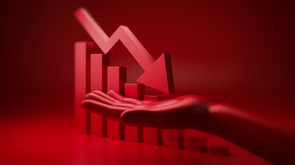 A 3D rendered image with a red monochromatic color scheme showing a downward trending financial chart.