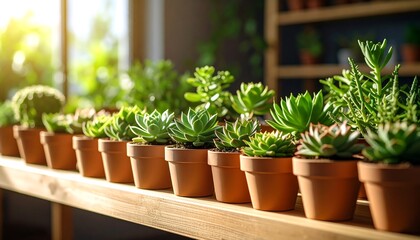 Succulents on a wooden shelf, bathed in sunlight