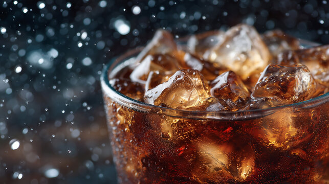Macro close-up of cold brown carbonated drink filled with translucent ice cubes, vibrant effervescent bubbles rising energetically. Glass surface covered in glistening condensation