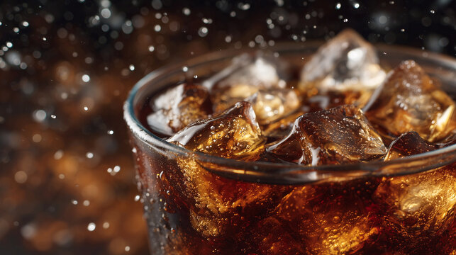 Intense macro focus on bubbling carbonated drink in transparent glass. Ice cubes glisten with melting droplets, amber liquid sparkles with lively carbonation, water beads on glass