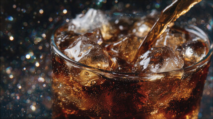 Close-up macro shot of carbonated soft drink with dark amber tone, effervescent bubbles escaping from melting ice cubes. Glass surface sparkles with cold condensation, capturing in
