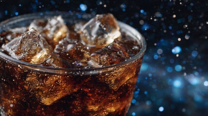 Crisp macro image of dark carbonated beverage effervescing with energy, ice cubes glowing inside glass. Tiny bubbles swirl and pop, condensation droplets sparkle on exterior, captu