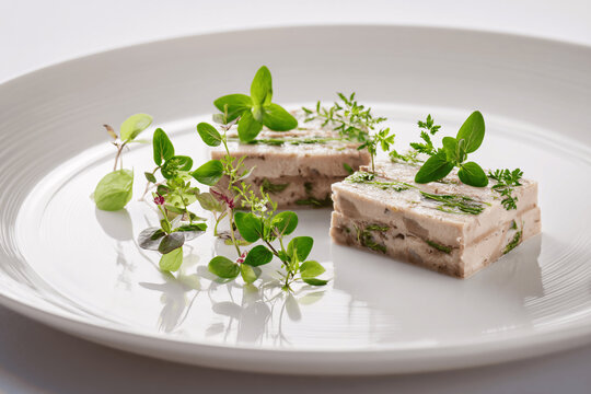 Elegant potjevleesch jellied meat terrine as refined French gourmet appetizer